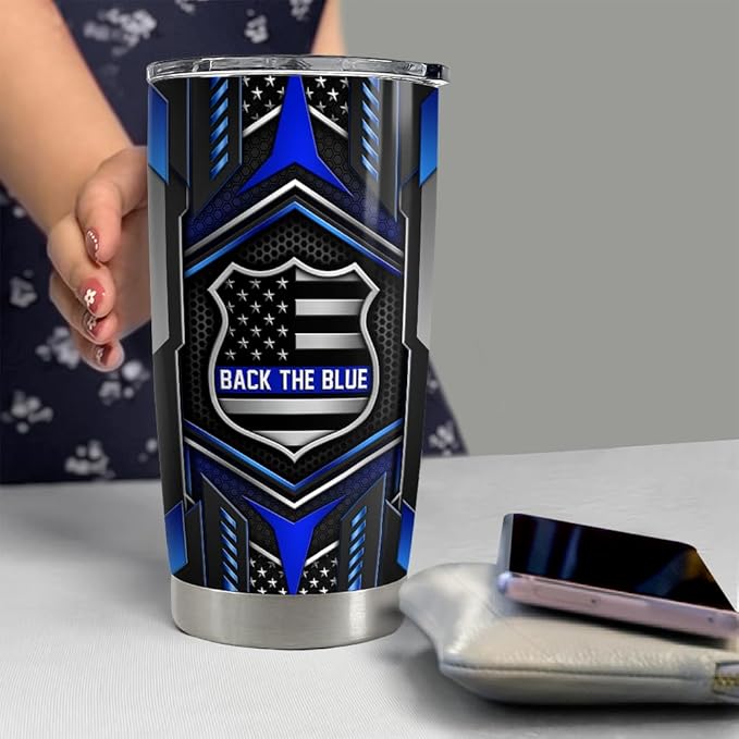 SANDJEST Back The Blue Tumbler 20oz Police Gifts for Men Stainless Steel Insulated Tumblers Coffee Travel Mug Cup