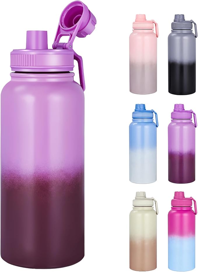 Gulex Motivational Water Bottle 32oz with Time Marker- Leakproof & BPA Free Sports Water Bottle with Straw & Carry Strap for Gym, Travel and Outdoor Sports (Stainless steel insulation-Purple)