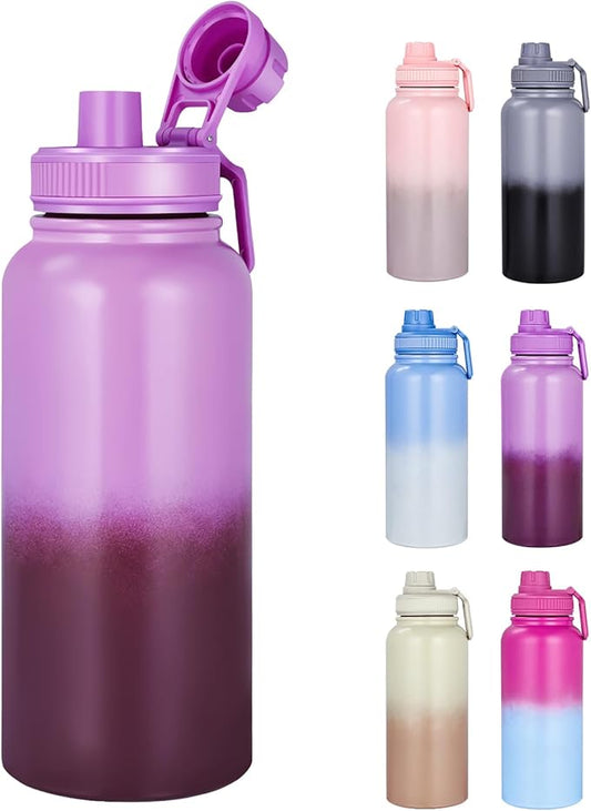 Gulex Motivational Water Bottle 32oz with Time Marker- Leakproof & BPA Free Sports Water Bottle with Straw & Carry Strap for Gym, Travel and Outdoor Sports (Stainless steel insulation-Purple)