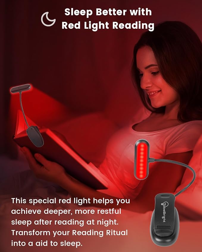 670nm Red Light Book Light LED Rechargeable USB-C Clip On Book Lights for Reading at Night, 100% No Blue-Light Eye Care Book Lamp 360° Flexible, Gift for Kids, Travel, Learning