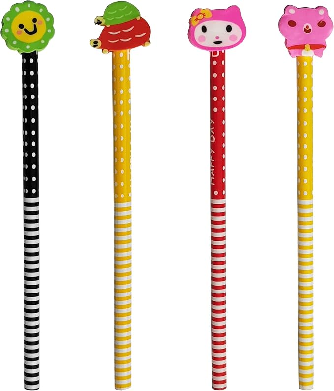 28PCS Assorted Cartoon Stripe Colored Wooden Pencils with Fruit Animal Top Pencil Erasers for Kids School Supplies and Children Prize Gifts, 28 Count (Pack of 1)