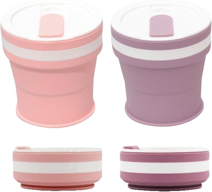 Silicone Folding Travel Camping Cup, Collapsible Water Cup with Cup Cover Sealed, 12oz Coffee Cup for Hiking, Outdoor Wine Cup 2pcs (pink+purple 12oz)