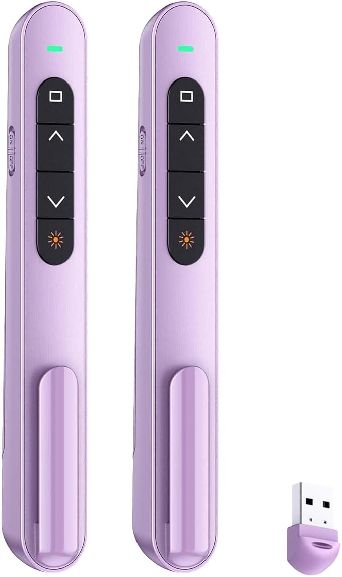 QUI 2 Pack Presentation Clicker, Hyperlink Volume Control Wireless Presenter, RF 2.4GHz USB Presentation Remote Control,PowerPoint Clicker Slide Advancer for Computer, Laptop, Mac (USB, Purple)