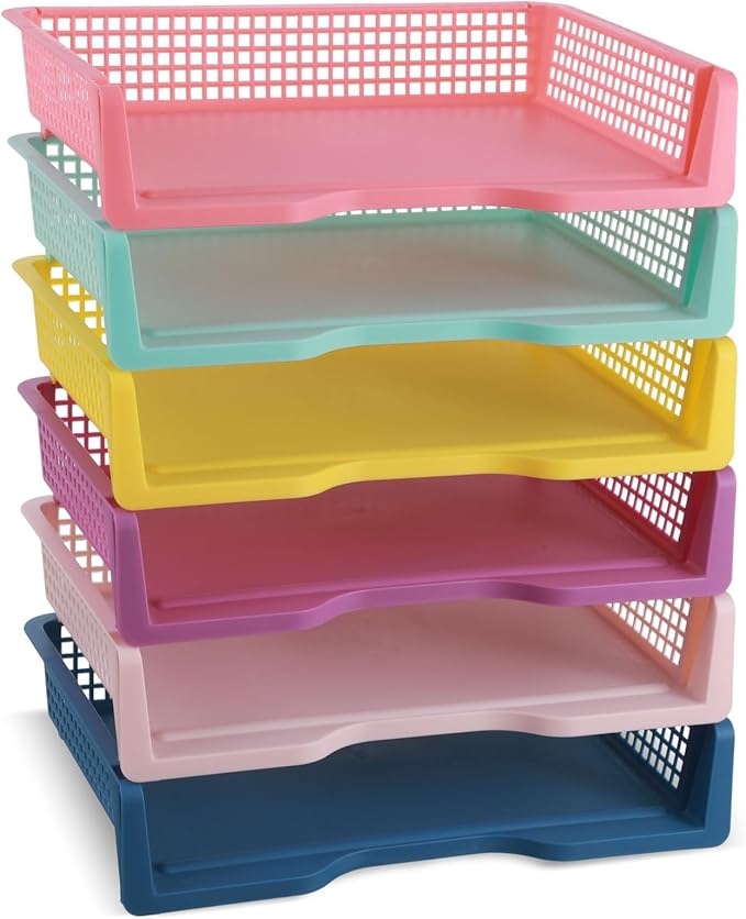 gisgfim 6 Pcs Turn in Trays Classroom Colorful Paper Tray for Classroom Organization and Storage Stackable Plastic Book Baskets Turn in Bins Teacher Organizers for Library Drawers School Office Desk