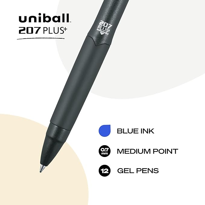 Uniball 207 Plus+ Retractable Gel Pens 12 Pack, 0.7mm, Blue