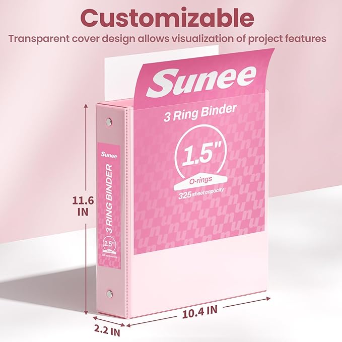 SUNEE 3 Ring Binder 1.5 Inch 2 Pack, Clear View Binder Three Ring PVC-Free (Fit 8.5x11 Inches) for School or Office Supplies, Pink
