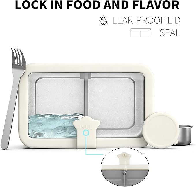 Bakpoco Stainless Steel Bento Box for Adult, 42oz Leak-Proof Metal Lunch Box Containers with Adjustable Divider, Microwave-Safe, Lunchbox with Glass Lid for Work Travel