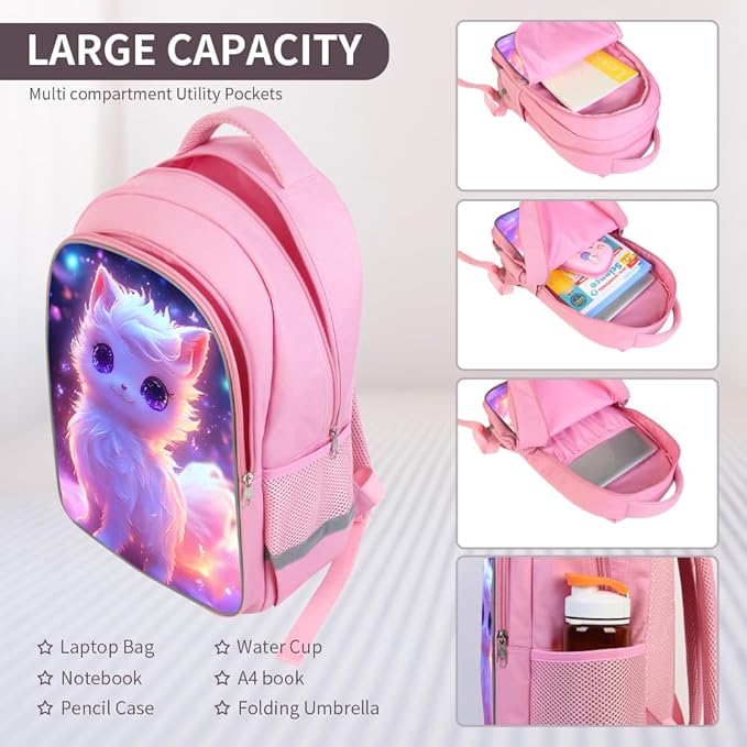 HiMagics Kids Backpack for Girls- 3pcs 17″ Girls Backpack with Lunch Box Set for Toddle Elementary Middle School - Students Bag for Ages 6-18 Fox Bookbag Travel Back Pack