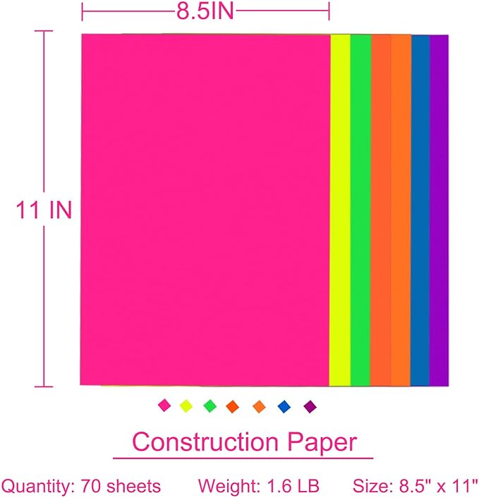 Construction Paper 8.5x11 in,70 Sheets,Set of 7 Colors Neon Fluorescent 178GSM/65LB Heavyweight Construction Paper,Crafts,Arts,School Classroom Art Supplies Assorted Colors Bulk Pape