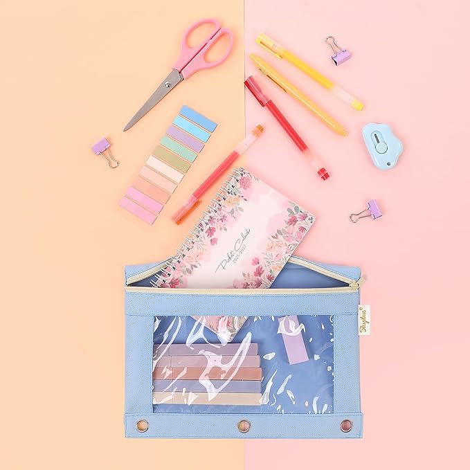 SKYDUE Pencil Pouch for 3 Ring Binder, 9.8" x 7.3" Clear Window Pencil Bag | Zipper Pencil Pouches for Girls Boys, Pencil Pouch with 3 Reinforced Grommets, Durable Organizer for School Supplies