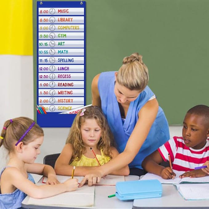 Scheduling Pocket Chart, 13+1 Pockert, Daily Class Schedule Pocket Chart with 18 Dry-Eraser Cards, Ideal for Classroom Office School Home Used, Over-door Mount (Blue)