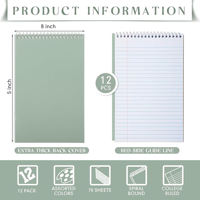Fuutreo 12 Pcs 5'' x 8'' Top Bound Spiral Notebooks Office Steno Book for Women Cute Durable Spiral College Ruled Paper 70 Sheets Multicolor Covers, School Supplies(Dark Color)