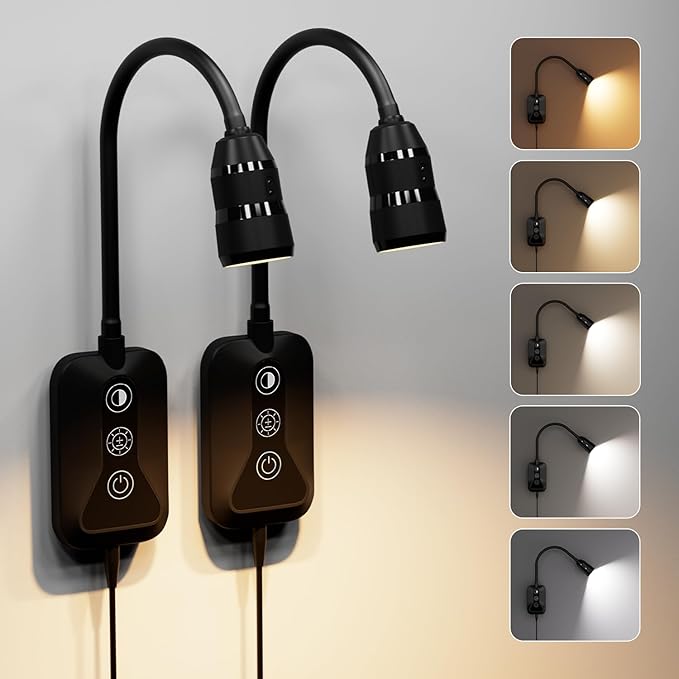 LED Wall Mounted Reading Light with Wave Sensor/Touch Switch, 5 Color & 5 Level Dimmable Touch Book Light for Reading with USB C Charging Port, Eye-Care Bedside Reading Lamp for Bed,Heaboard (Black)