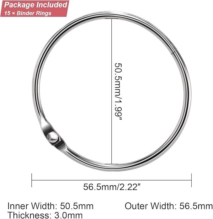 15 Pack 2 Inch Binder Rings Loose Leaf Book Paper Ring Metal Keychain Clip O Rings Large Binder Ring Key Chain Loop Index Card Rings Flash Card Hook, Silver, 50mm