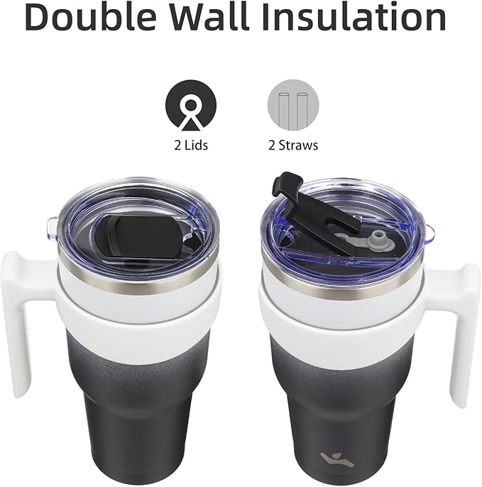 Konokyo 40 oz Tumbler with Handle and 2 Straw 2 Lid, Insulated Water Bottle Stainless Steel Vacuum Cup Reusable Travel Mug,Day Night