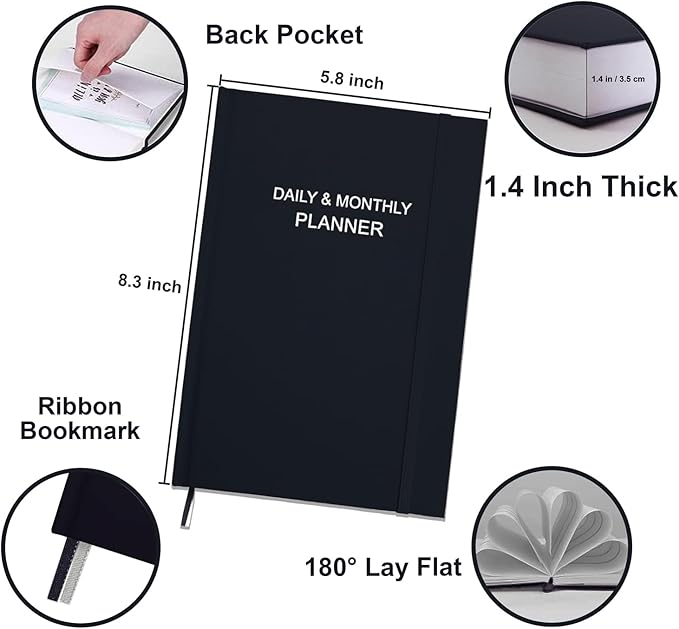 Daily & Monthly Planner for 2026 or Anytime - ADHD Planner Two Pages Per Day, Daily Planner Undated to Increase Focus, Eliminate Overwhelm, Achieve Your Biggest Goals, 5.8'' × 8.3'', Black