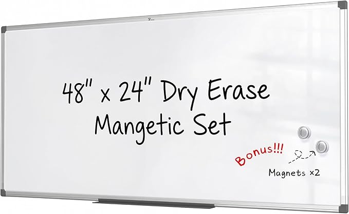 TOWON Magnetic Dry Erase Board White Board, Silver Aluminium Frame, Whiteboard for Wall with Pen Tray and Accessories for Office, Homeschool, 48 x 24 Inches