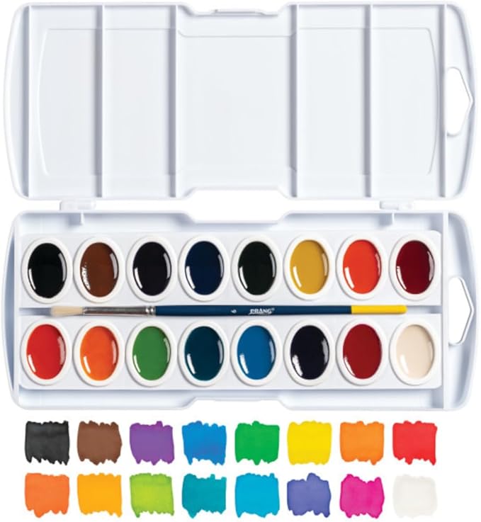 Prang Semi-Moist Watercolors 16-Color Refillable Oval Pan Set with Size 6 Paintbrush, Class Pack of 6