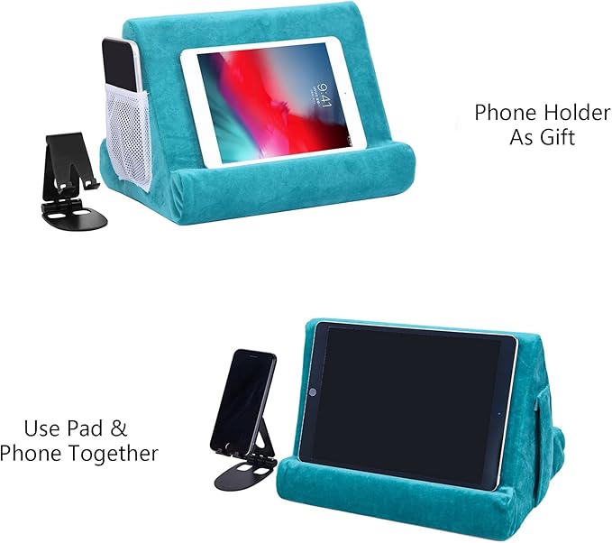 2pcs Multi-Angle Tablet Holder Cushion Stand with Net Pocket & Black Color Phone Stands Upgraded Tablet Pad Support for Phone,Pad,Books (Lakeblue)