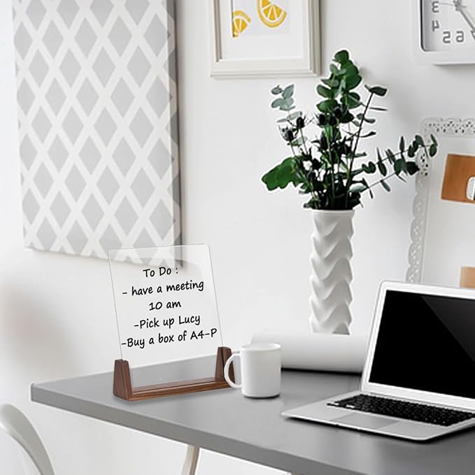 Acrylic Dry Erase Board with Walnut Wood Base, Clear Desktop Whiteboard Memo Board, Desktop Writing Note Pad, Mini Acrylic Board for Tabletop Display(Walnut Base,Acry