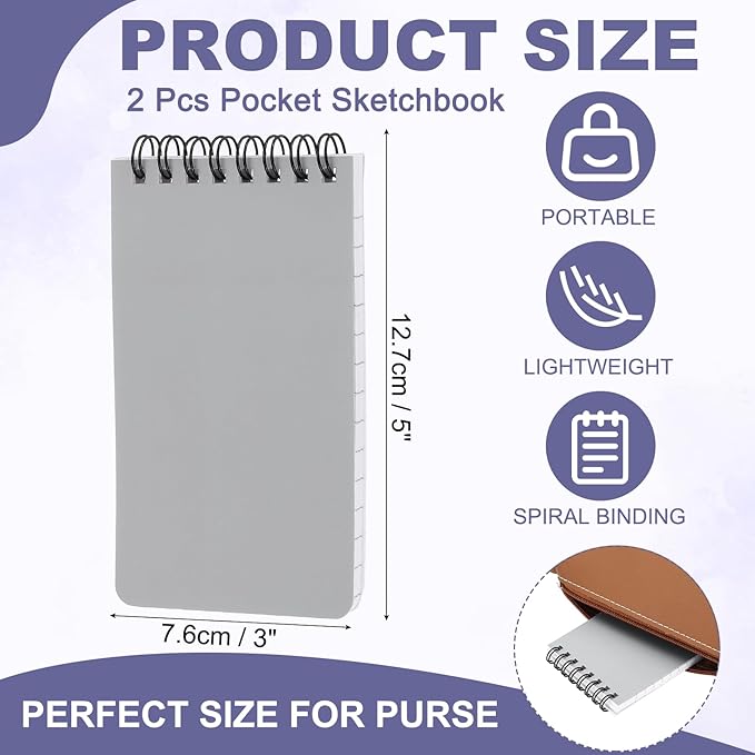 PATIKIL 3x5" Pocket Sketchbook, 2 Pcs Top Spiral Notebook Mini Lined Notebook Memo Pads 80GSM 60 Sheets/120 Pages Hard Cover Portable for Office Outdoor Travel Journal Draw, Light Gray