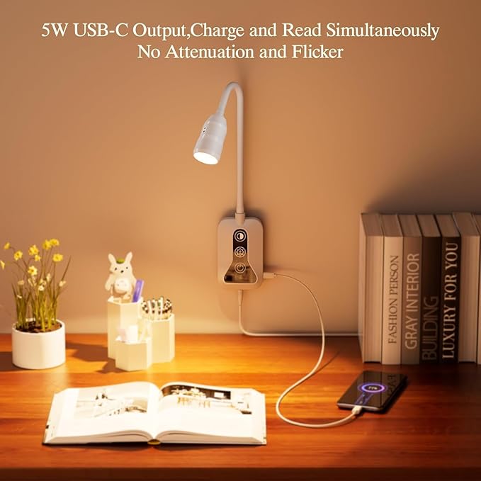 Wall Mounted Reading Light with Wave Sensor/Touch Switch, 5 Color & 5 Level Dimmable Touch Bed Lights for Reading with USB C Output, Eye-Care Reading Light for Bed,Heaboard, Dorm, Bedroom(White)