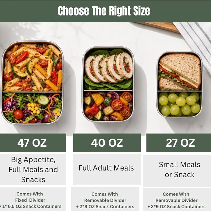 Modaniam Flexibento - 40 OZ Set -Leak proof Stainless Steel Lunch Box Containers, Lunch Containers with Silicone Lids,Steel Bento Box,Metal lunch Box, Vanilla set of 3, 1 * 40OZ + 2 * 9 OZ