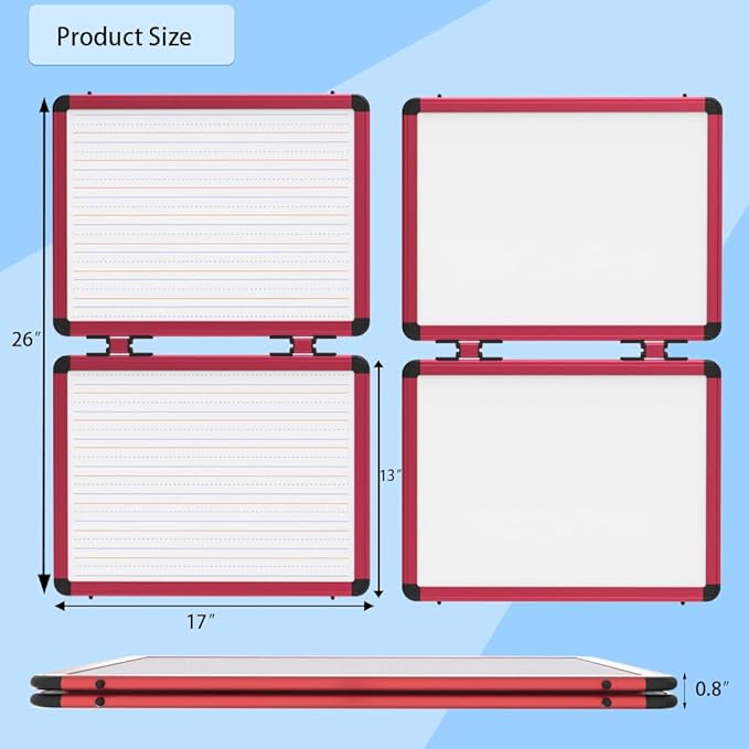 Dry Erase Board, 17x13 inch with 4 Sides Magnetic Whiteboard, A3 Foldable Small White Board with Lines, Perfect for Office, School, and Home. (Red)