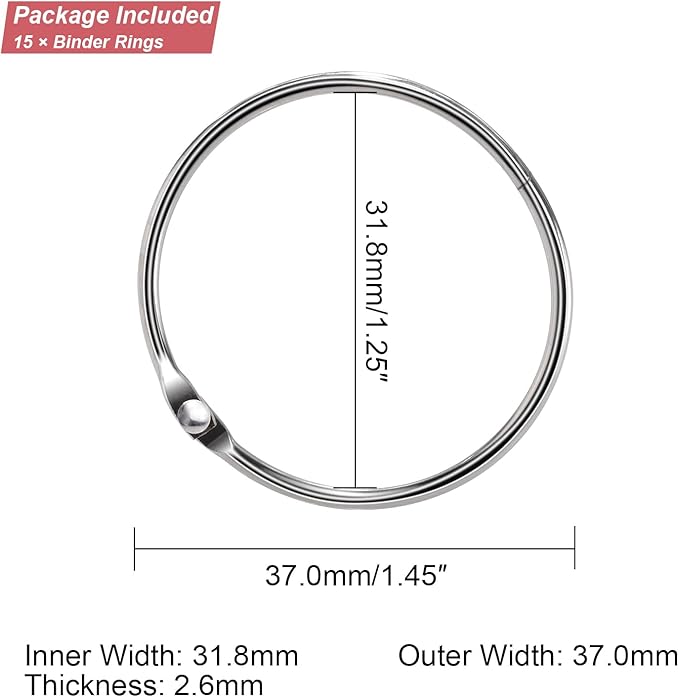 15 Pack 1-1/4" Metal Binder Rings Paper Loose Leaf Loop Book Clip 1.25" O-Rings for Key Ring, Scrapbook, Index Card, Silver, 32mm