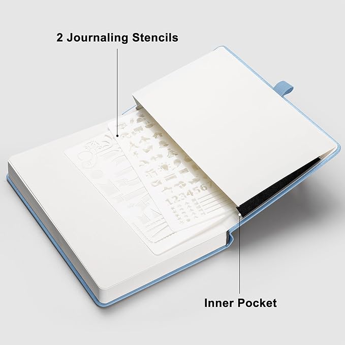 RETTACY Dotted Journal Notebook, 192 Pages, A5 Medium Size (5.7'' x 8.3''), Leather Hardcover, 100 GSM Thick Paper, for Journaling, Planning, Tracking (Light Blue)