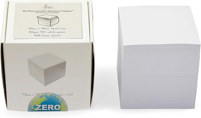 Memo Cube Refill, 3.54" Square (90 x 90mm), 900 Sheets, White FSC Paper, 80gsm, Zero Plastic Packaging