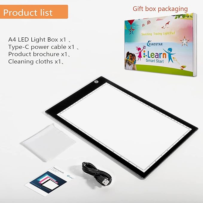 XIAOSTAR Light Box Drawing Pad, 12000 Lux LED Tracing Board A4, USB Powered (Not Rechargeable) PMMA Panel, Adjustable Brightness for Diamond Painting, Sketching, Animation, X-Ray–Includes Accessories