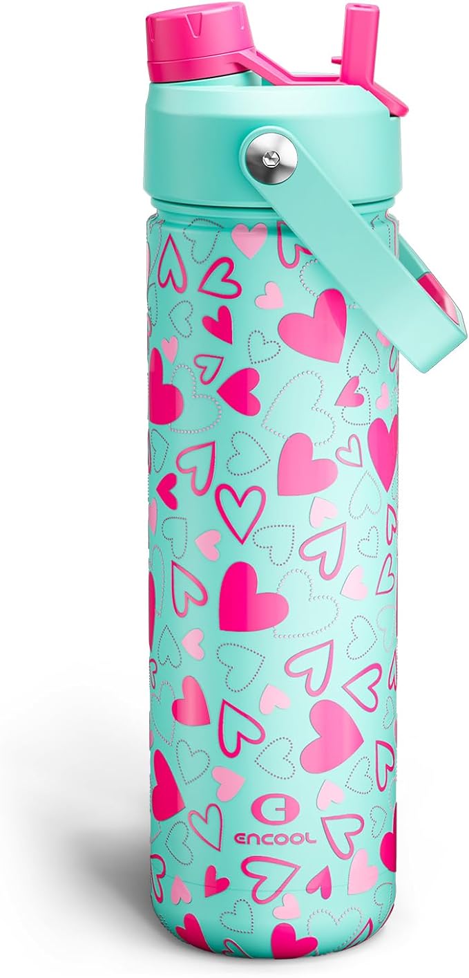 ENCOOL Insulated Water Bottle with Straw Stainless Steel Water Bottle, Leak-Proof, BPA-Free, Keeps Cold for 24 Hours for Sports, Travel, School (26 oz, Sweet Hearts Pink x Mint)