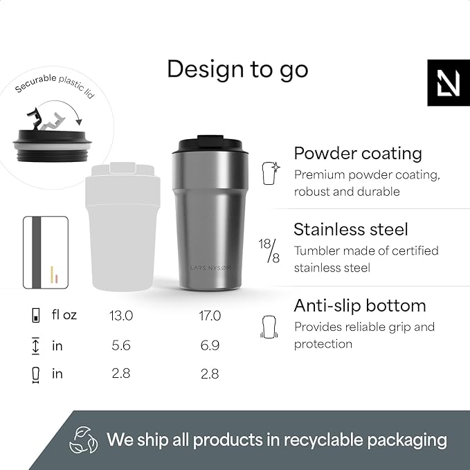 LARS NYSØM Thermo Coffee Mug to go 17oz | Travel Mug 0.5 Liter with Insulation | Silicone grip base | Leak Proof Stainless Steel Tumbler for Coffee and Tea on the Go (Powder Steel, 17oz)