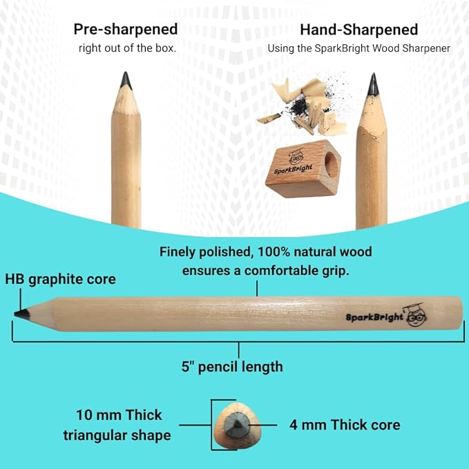 Toddler Pencils Thick Flat Jumbo Triangular Shape for Writing Beginners, Preschoolers, Early Learners, and those with Special Needs. Sets of 10 natural wood pencils with a wood sharpener and eraser