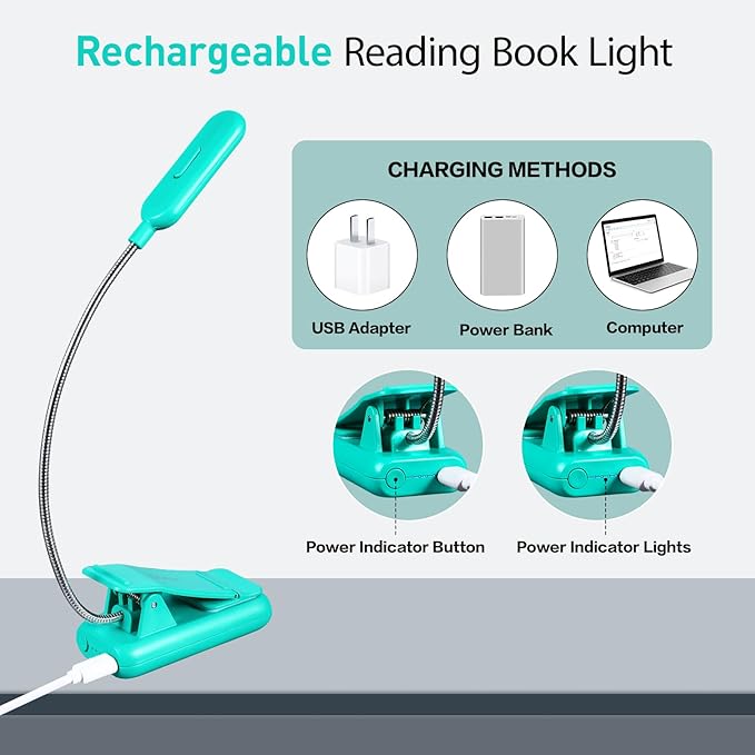 VAVOFO Rechargeable Book Light, Blue Light Blocking, Amber 1600K Clip On Reading Light, Eye Care 7 LEDs Kids Book Light for Reading in Bed with Power Indicator for Bookworms (Emerald Green)