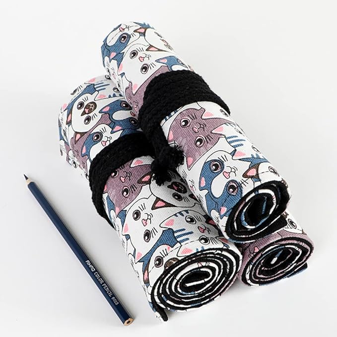 DIYOMR 24/36/72 Slots Pencil Wrap Pencil Rolls, Artist Colored Pencils Roll Up Bag Short Brushes Pouch Case Pencils Organizer for Drawing Coloring and Sketching (Big Headed Cat, 24slots)