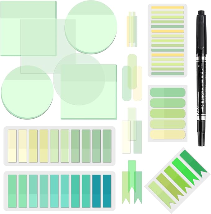 1100 Sheets Transparent Sticky Notes, Clear Waterproof 3 x 3 Sticky Notes with Pen, Translucent See-Though Note Tabs for Bible Study Book Annotation Kitchen Reminder (Green)