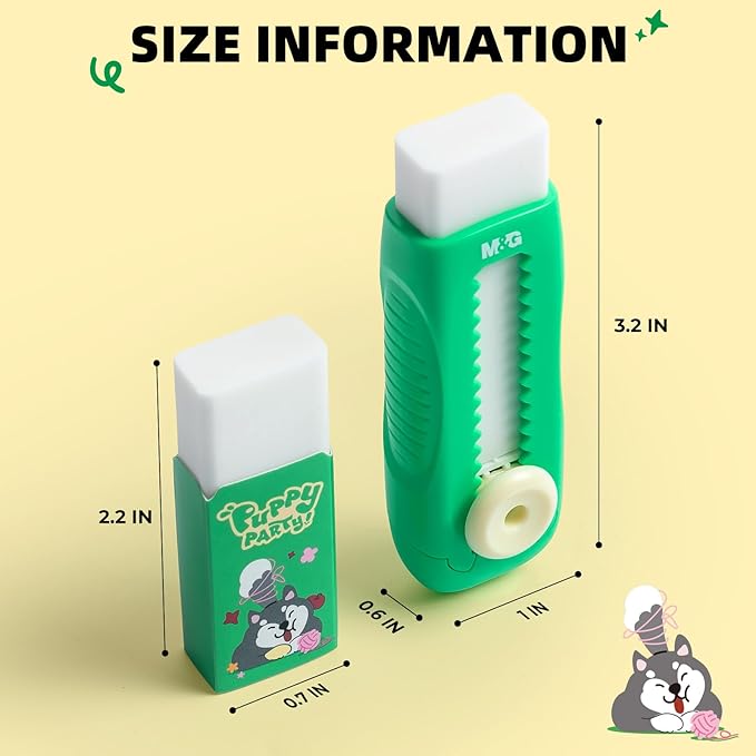 M&G 1+1 Pack Green Sliding Retractable Cute Eraser Set, Refillable Soft Large Rubber Eraser with Sleeve for Kids Students School Office Supplies