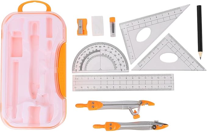 KALLORY Geometry Drawing Kit with Metal Compasses 10pcs Set for Students, Math Ruler and Compass Tools for School Exams and Technical Drawing Random Color