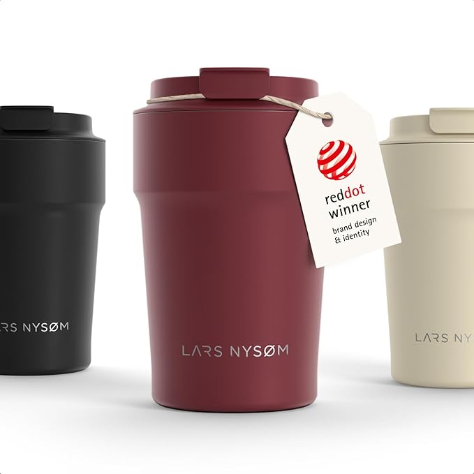 LARS NYSØM Thermo Coffee Mug to go 13oz | Travel Mug 0.38 Liter with Insulation | Silicone grip base | Leak Proof Stainless Steel Tumbler for Coffee and Tea on the Go (Powder Berry Red, 13oz)