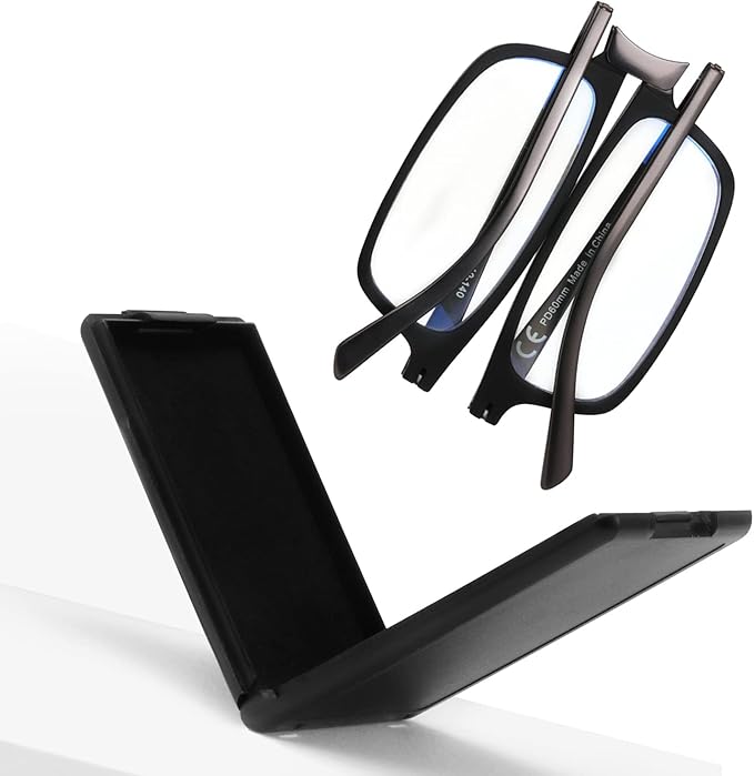 SKYOAK Evolved Folding Reading Glasses For Women Men Blue Light Blocking Anti UV Eyestrain Foldable Portable Compact Readers with Flat Hard Case Pocket Computer glasses 2.5 BLACK