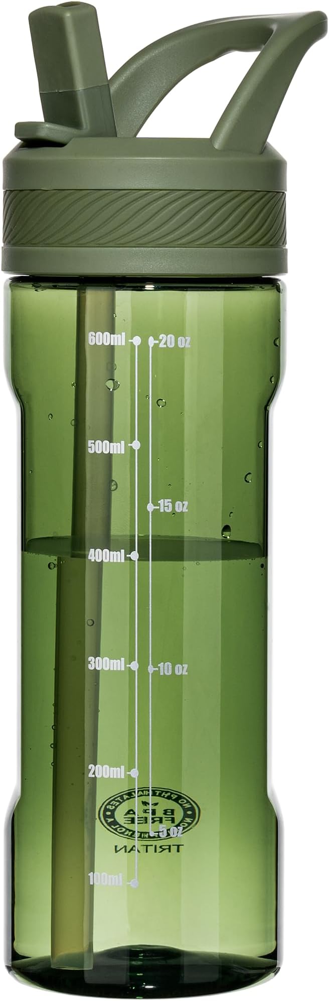 OLDLEY 20oz Kids Water Bottle with Straw, BPA-Free Tritan Water Bottle for School, Leakproof Clear Water Bottle with One Click Open, Measurement Scale, Cup Holder Friendly for Boys Girls,Army Green