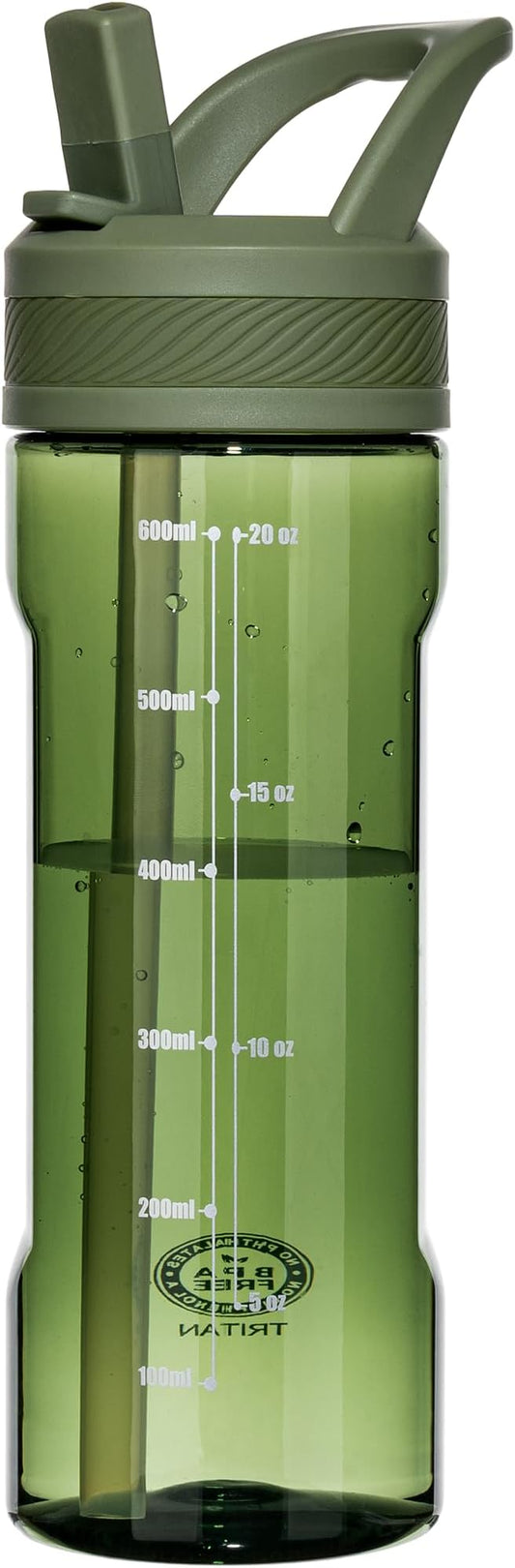 OLDLEY 20oz Kids Water Bottle with Straw, BPA-Free Tritan Water Bottle for School, Leakproof Clear Water Bottle with One Click Open, Measurement Scale, Cup Holder Friendly for Boys Girls,Army Green