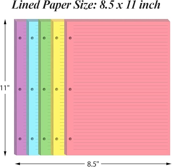 (3-Pack) Colorful 3 Hole Lined Paper - 300 Sheets/600 Pages Loose Leaf Paper Line Refills, Per Color 60 Sheets, 8.5" x 11"
