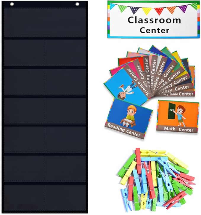 Class Jobs Pocket Chart Classroom Management Pocket Chart,Job Chart for Classroom, with 12 Cards and 32 Clothespins