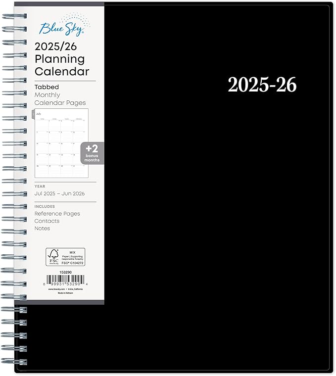 Blue Sky 2025-2026 Monthly Academic Year Planner Calendar, July 2025 - June 2026, 8" x 10", Monthly Layout, Flexible Cover, Wirebound, Laminated Tabs, Enterprise