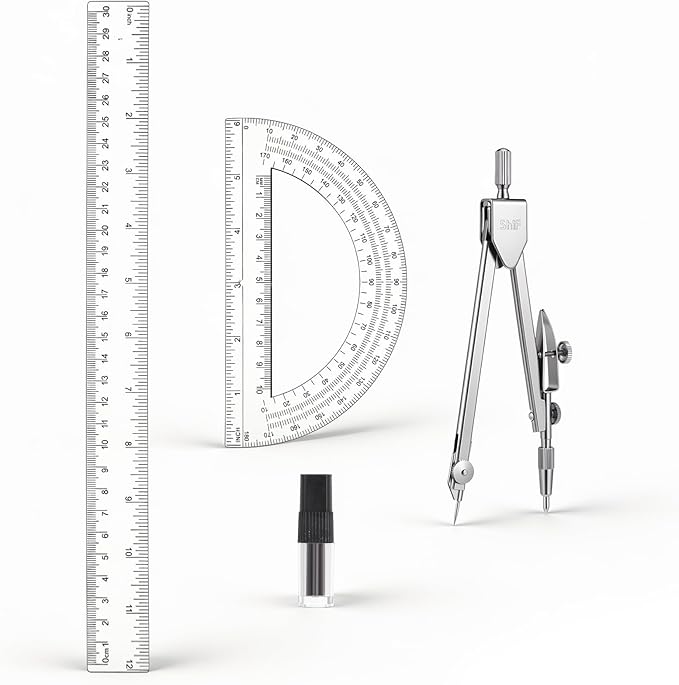 3Pcs Clear Protractor and Compass Set, Plastic Ruler, 12" Plastic Ruler with 180 Degree Protractor and Stainless Steel Compass Geometry Tool for Students, Office Use