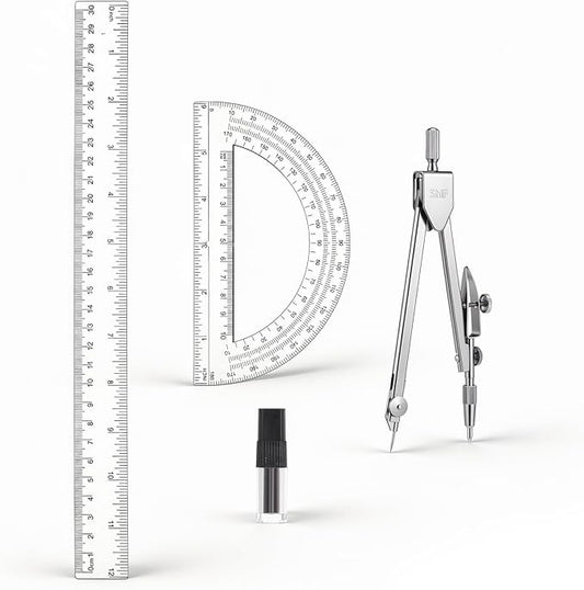 3Pcs Clear Protractor and Compass Set, Plastic Ruler, 12" Plastic Ruler with 180 Degree Protractor and Stainless Steel Compass Geometry Tool for Students, Office Use