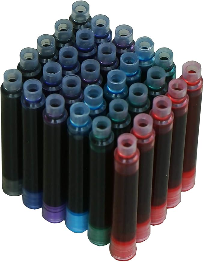 Asvine 30 PCS Hongdian Fountain Pen Ink Cartridges 6 Colors Set (Black, Blue, Green, Red, Purple, Light Blue), 3.4mm Bore Diameter